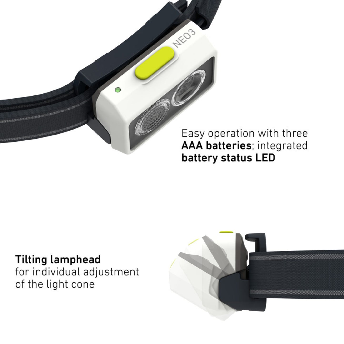Headlamp with tilting lamphead and battery status LED on a white background