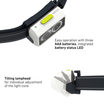 Headlamp with tilting lamphead and battery status LED on a white background