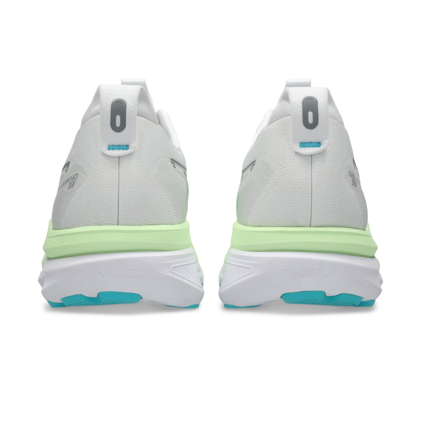 Gray and green Asics running shoes with white sole on a white background