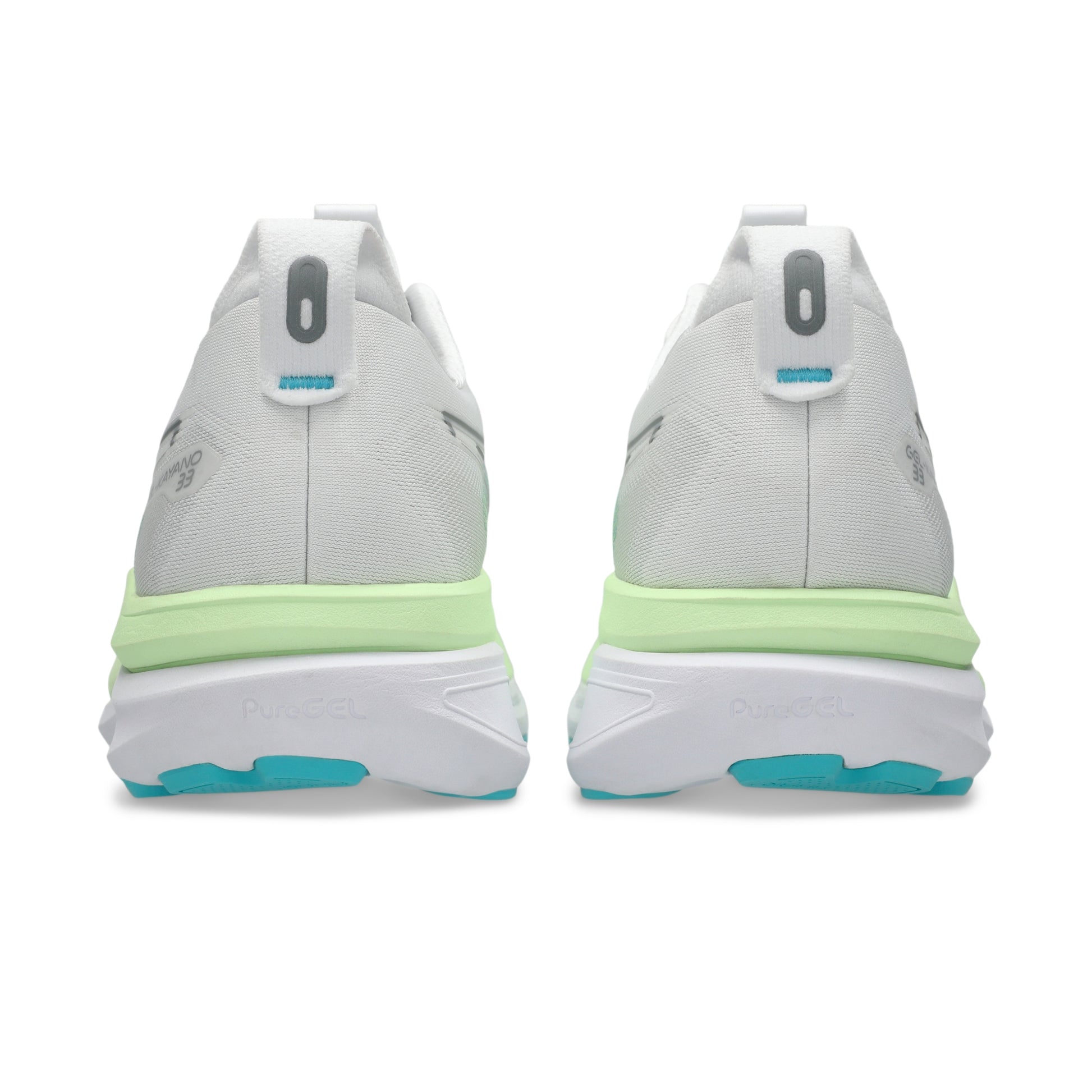 Gray and green Asics running shoes with white sole on a white background