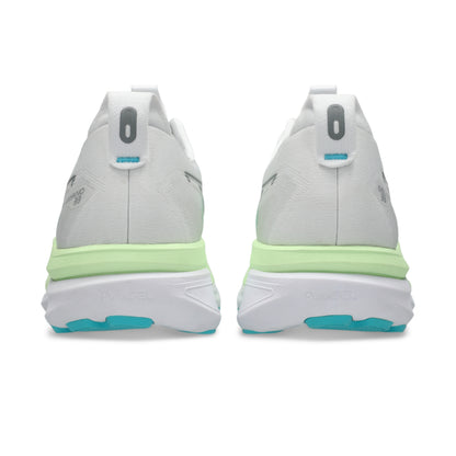 Gray and green Asics running shoes with white sole on a white background