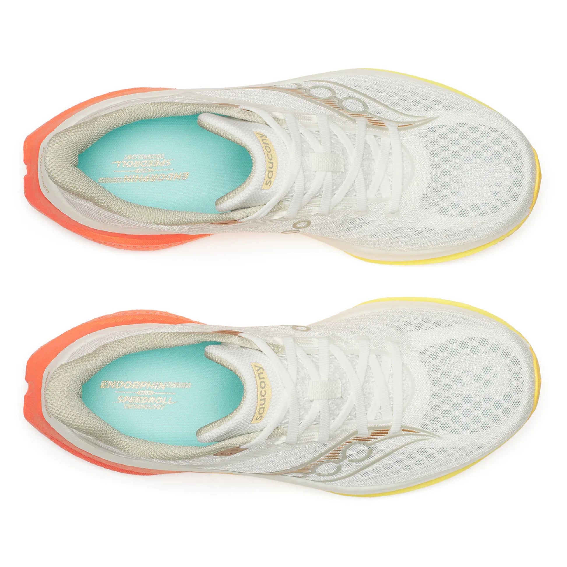 White Saucony running shoes with orange soles and visible brand logo on a white background