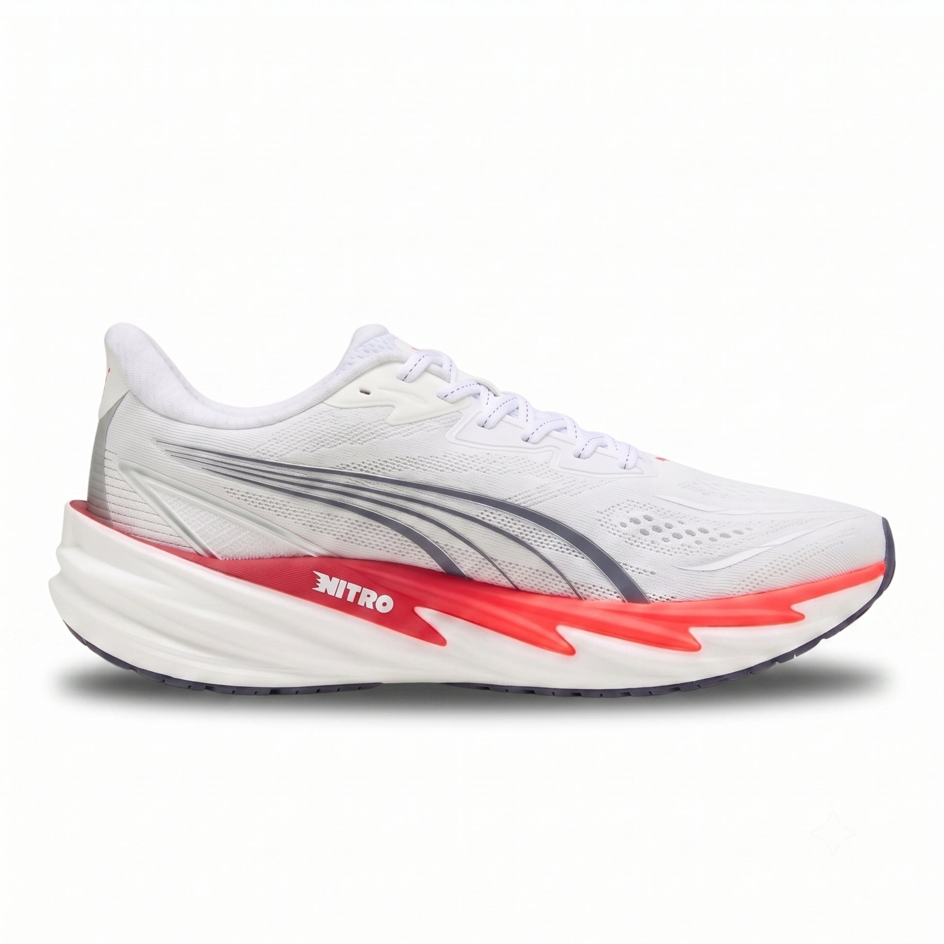 A white Puma running shoe with gray and red accents, featuring the brand name 'NITRO' on the side of the midsole, shown against a plain white background.