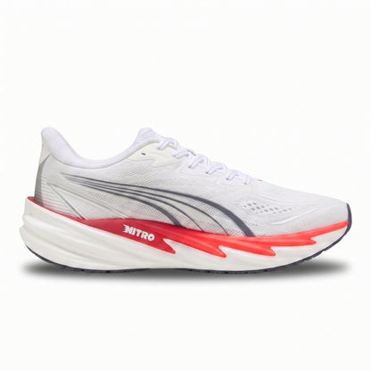 A white Puma running shoe with gray and red accents, featuring the brand name 'NITRO' on the side of the midsole, shown against a plain white background.