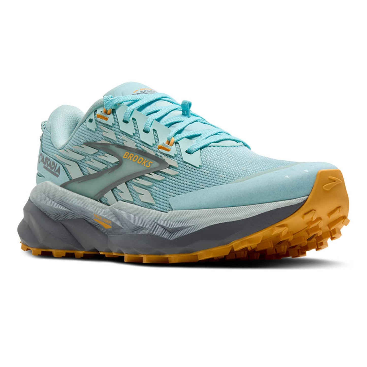 Light blue and gray running shoe with orange sole on a white background