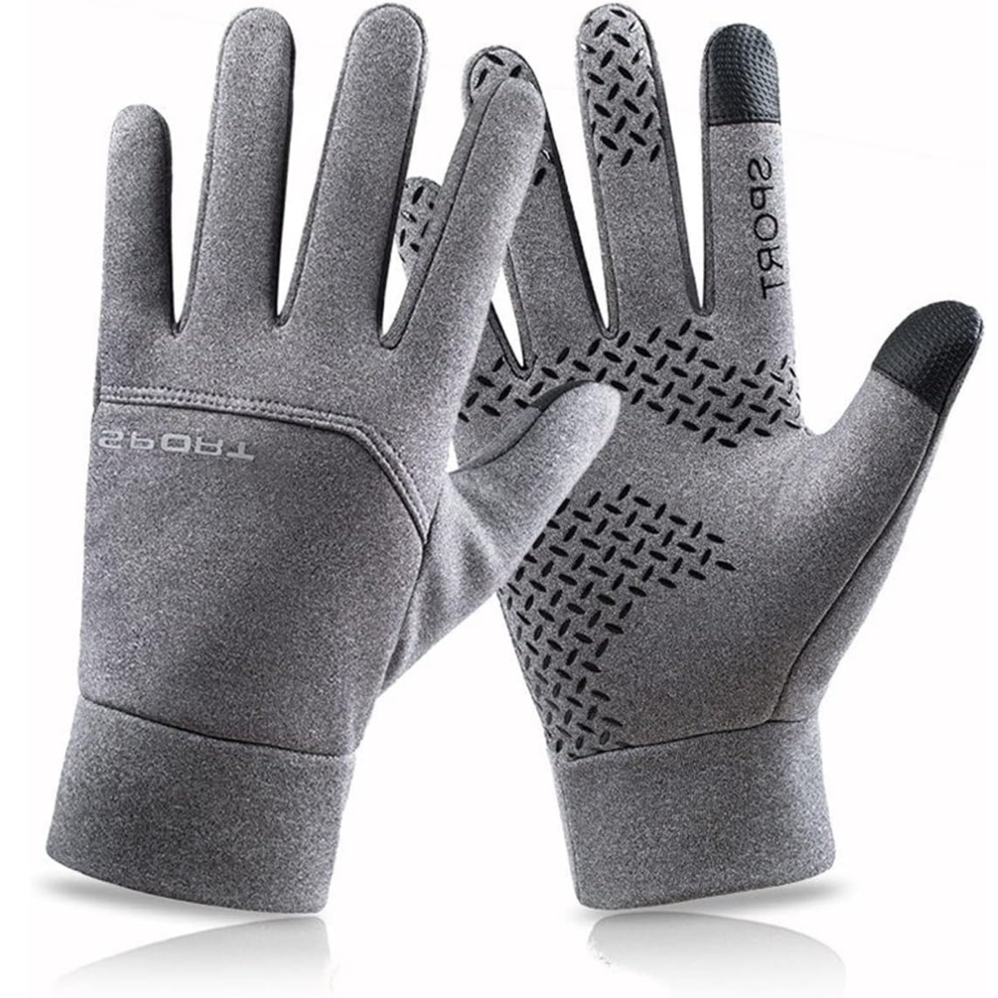 Pair of gray gloves with textured palm on a white background