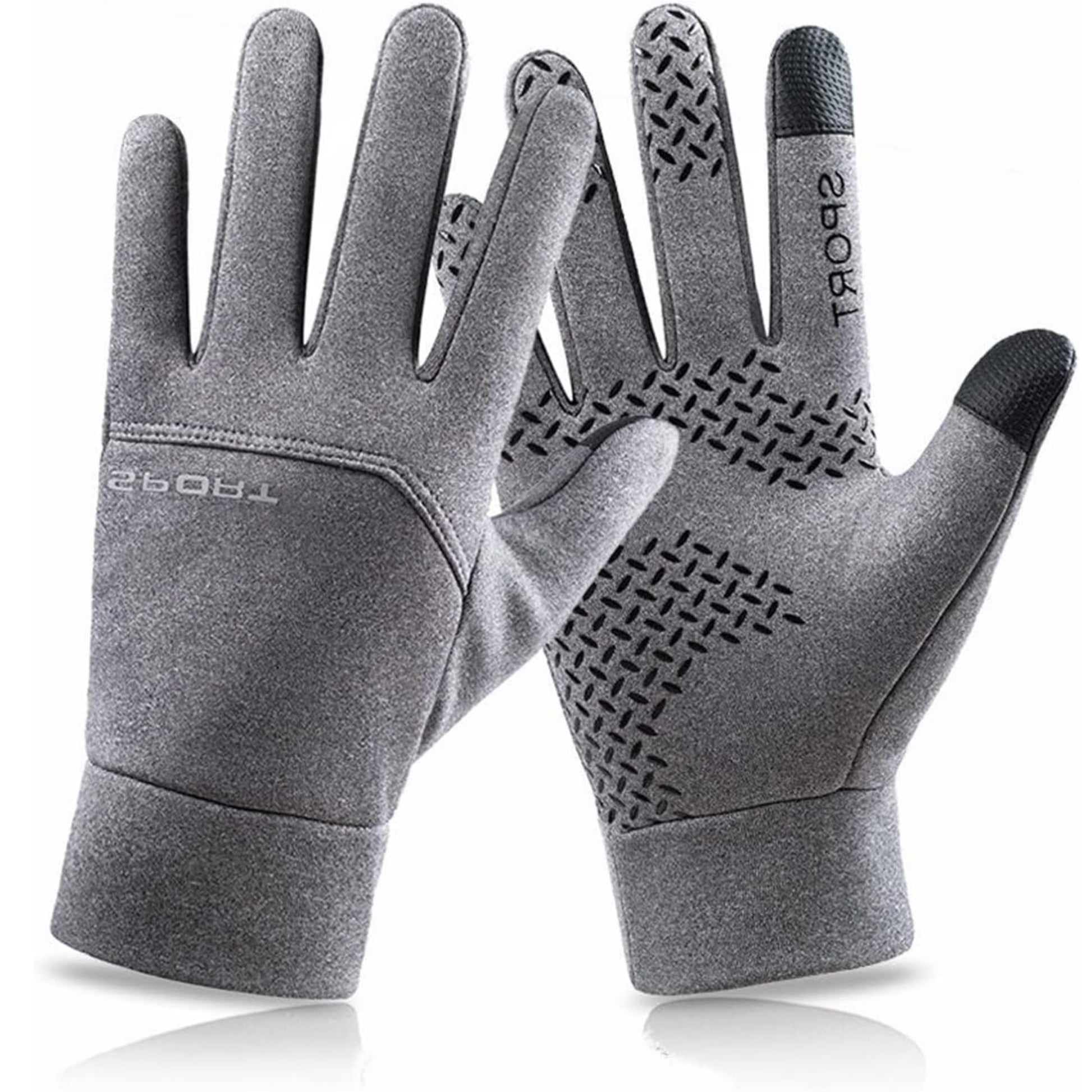 Pair of gray gloves with textured palm on a white background