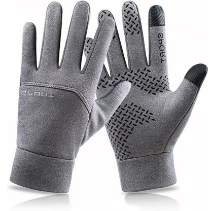 Pair of gray gloves with textured palm on a white background