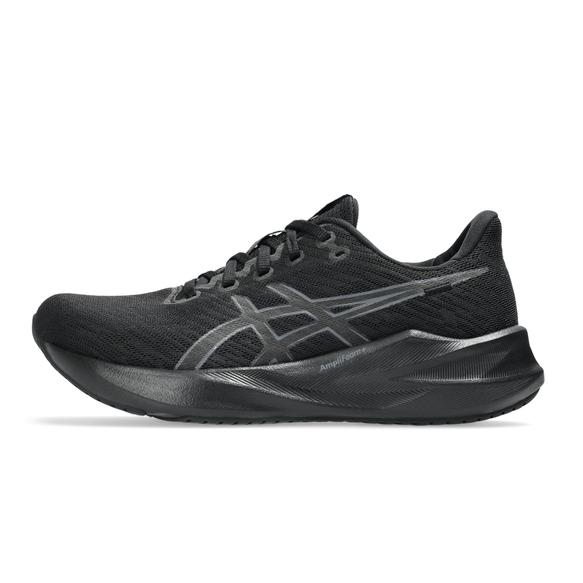 Black Asics running shoe with a prominent brand logo on a white background