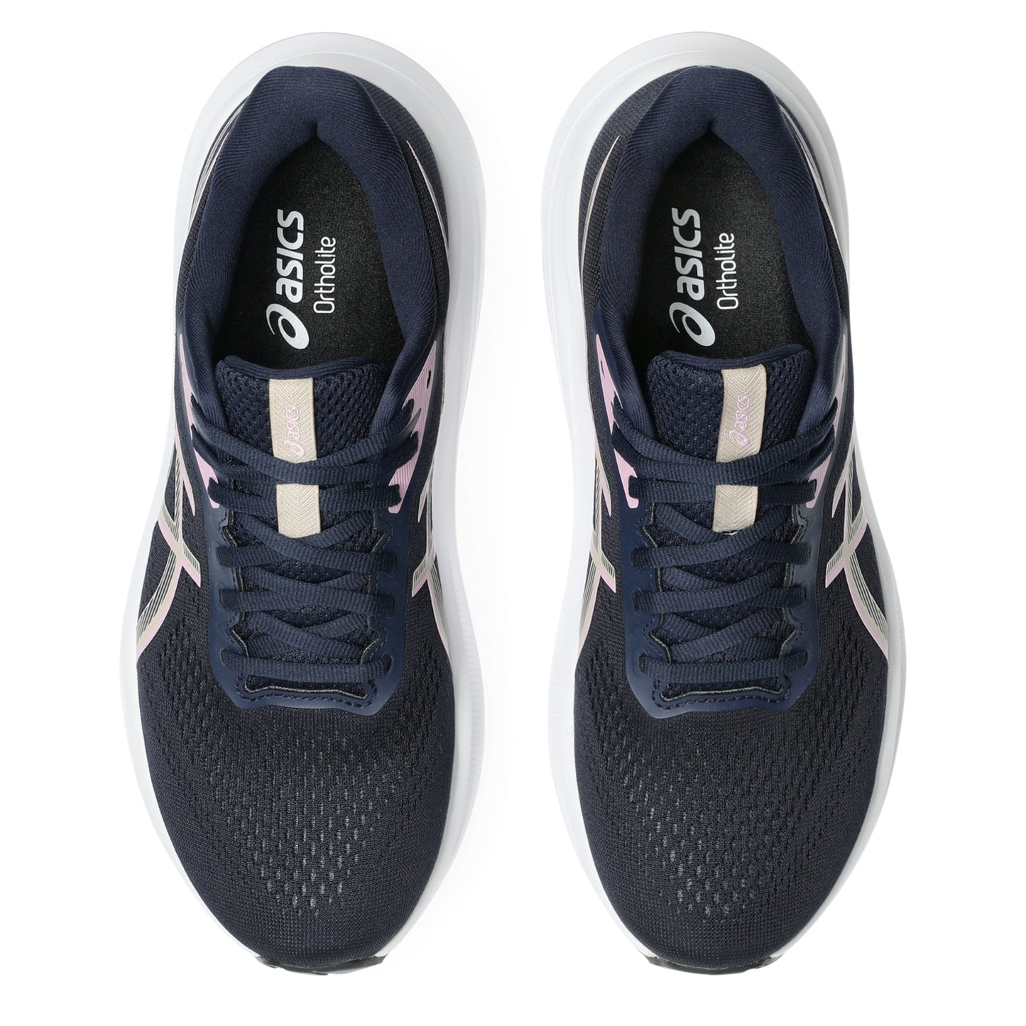 A pair of ASICS running shoes in navy blue with white and light pink accents, shown from a top-down view on a white background.