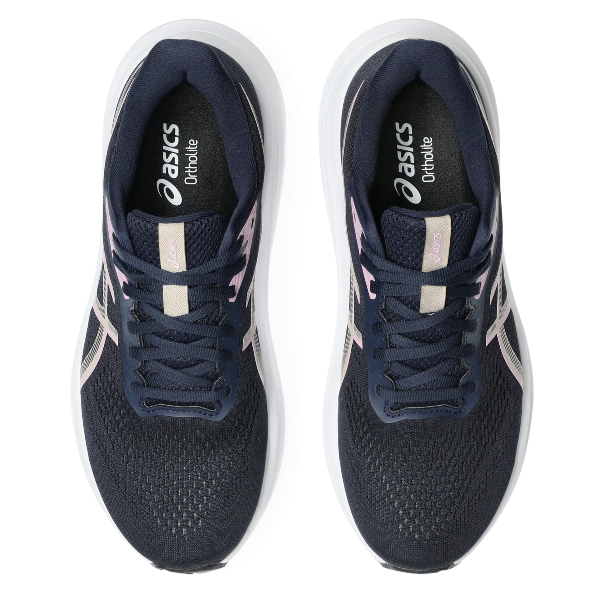 A pair of ASICS running shoes in navy blue with white and light pink accents, shown from a top-down view on a white background.
