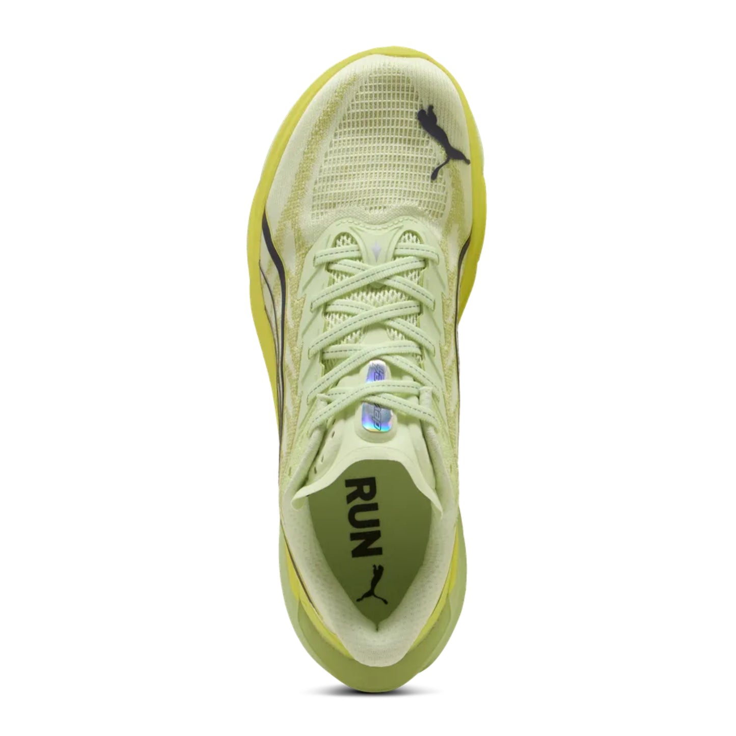 Yellow Puma running shoe with black accents on a white background