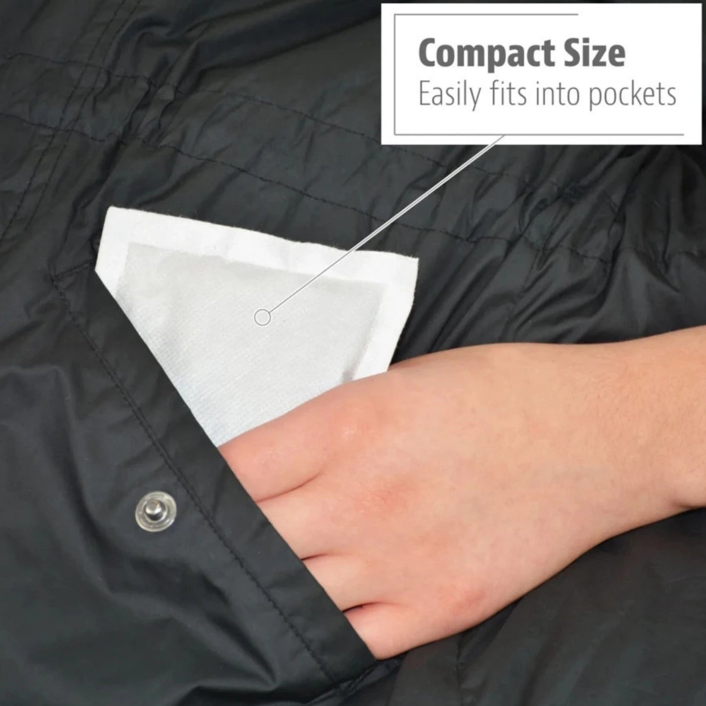Hand placing a white pouch into a black jacket pocket with text 'Compact Size, Easily fits into pockets'.
