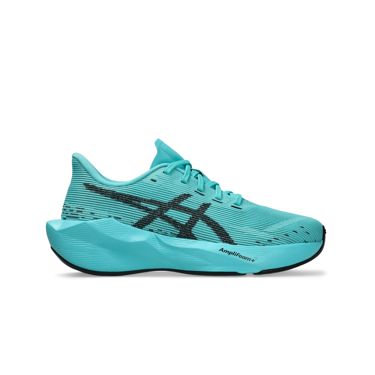 A single ASICS running shoe in a vibrant turquoise colorway, featuring a black embroidered tiger stripe logo on the side and a black outsole edge, shown against a plain white background.