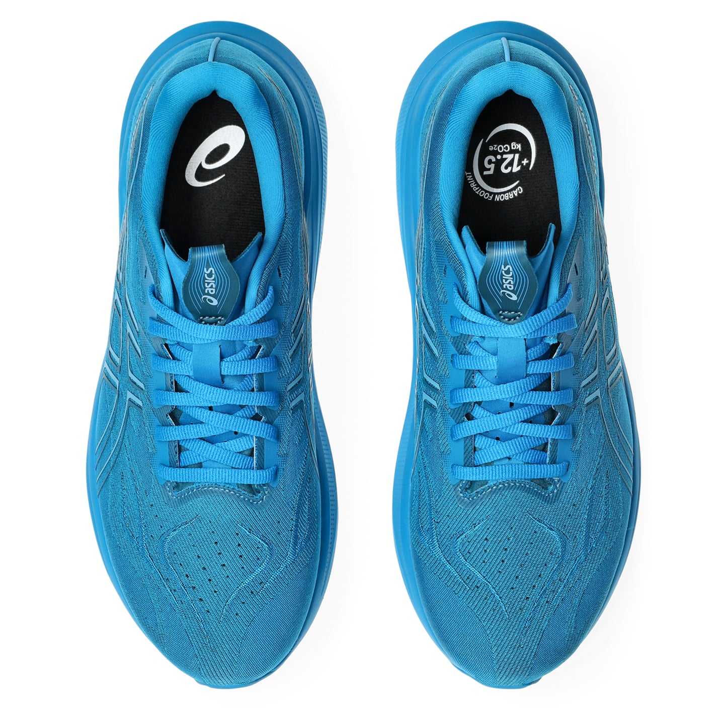 Pair of blue running shoes with brand logos on a white background
