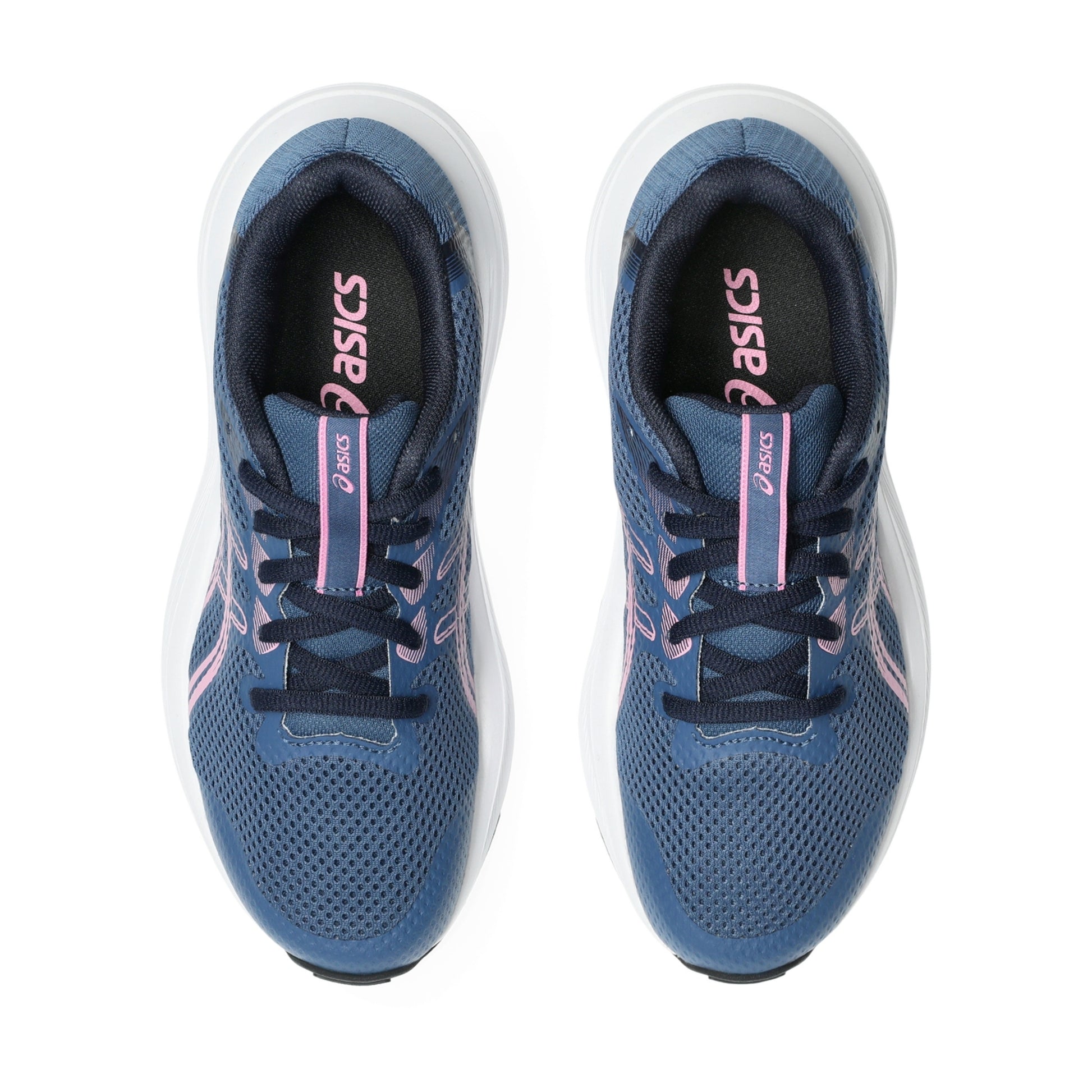 A pair of ASICS running shoes shown from a top-down view on a plain white background. The shoes feature a slate blue mesh upper with navy laces, pink accents on the tongue and side, and a white midsole.