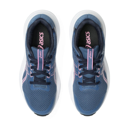A pair of ASICS running shoes shown from a top-down view on a plain white background. The shoes feature a slate blue mesh upper with navy laces, pink accents on the tongue and side, and a white midsole.
