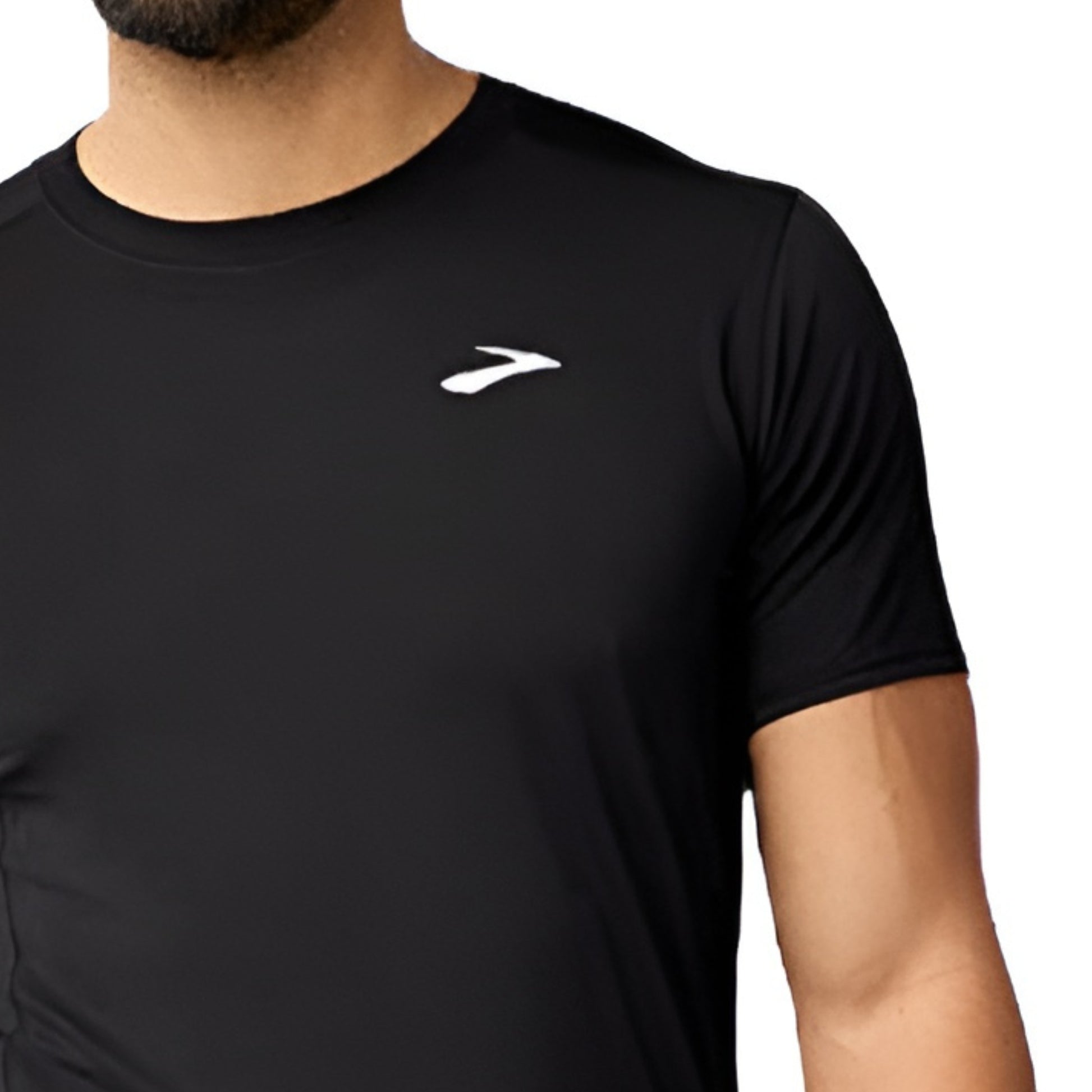 Black t-shirt with a white logo on a white background