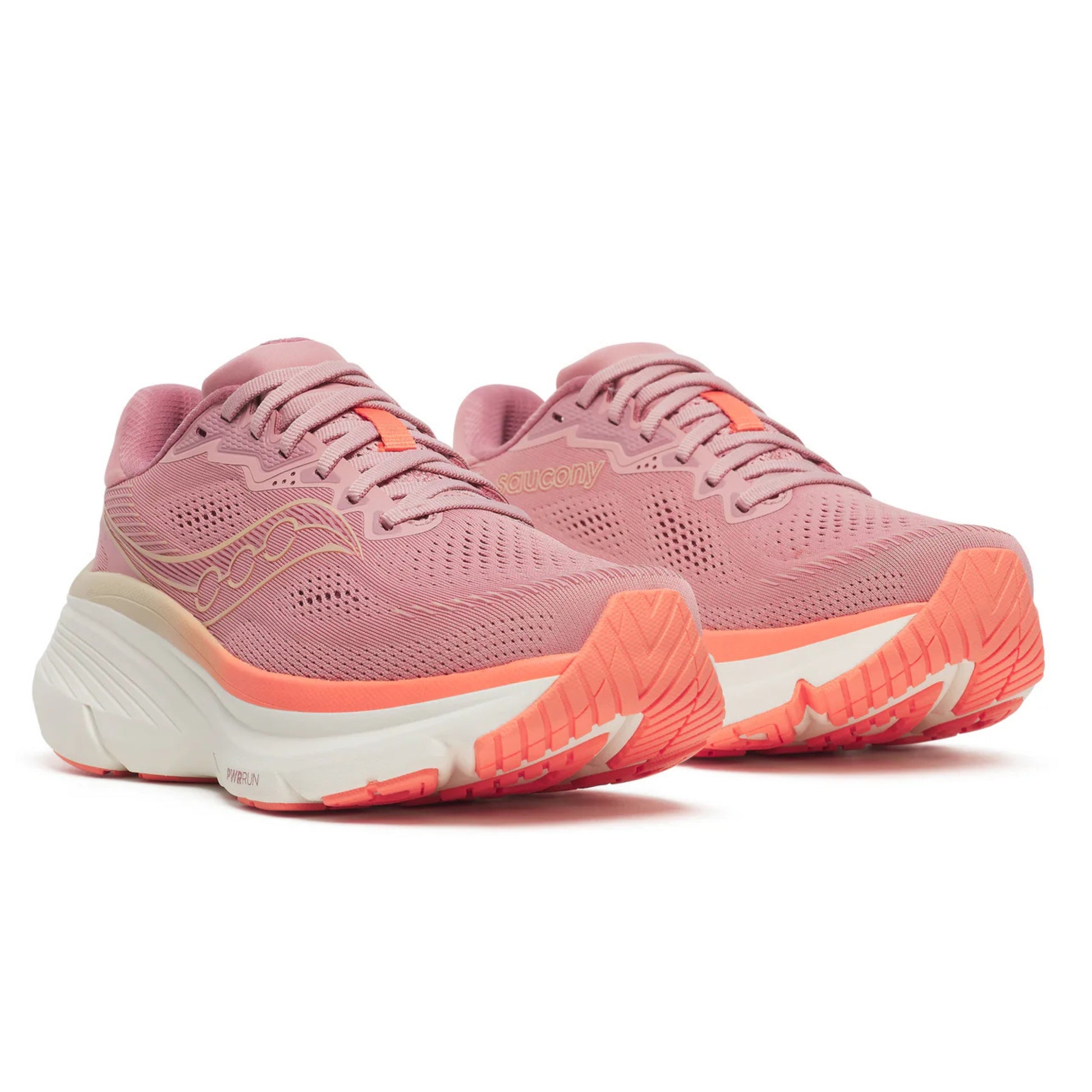 Pair of pink Saucony running shoes with orange accents on a white background