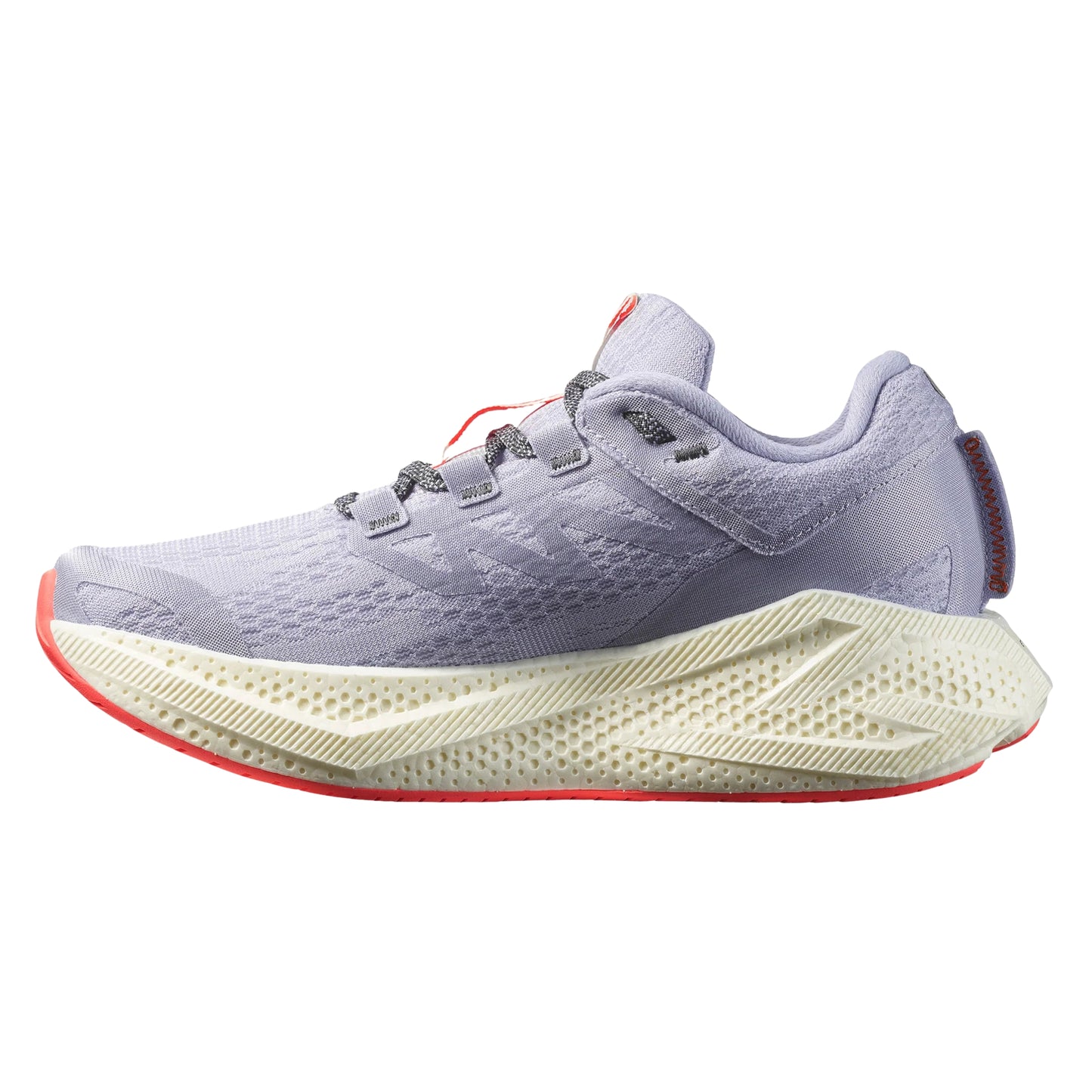 Light purple Salomon running shoe with red accents on a white background