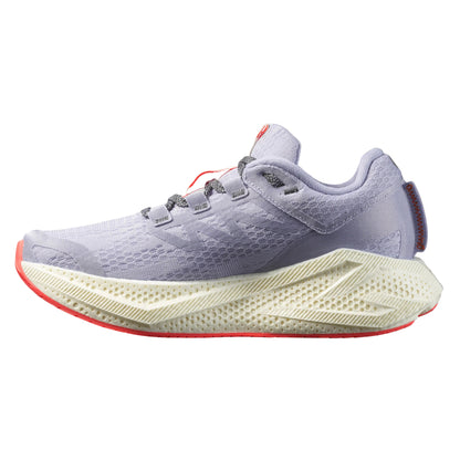 Light purple Salomon running shoe with red accents on a white background