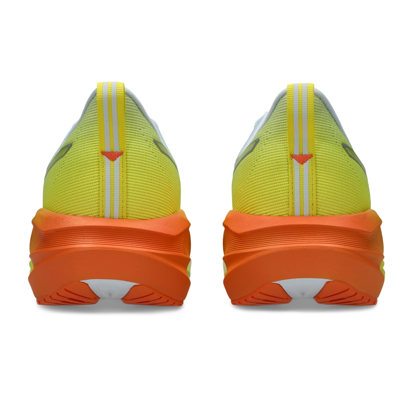 Back view of a yellow and white Asics running shoes with orange accents on a white background