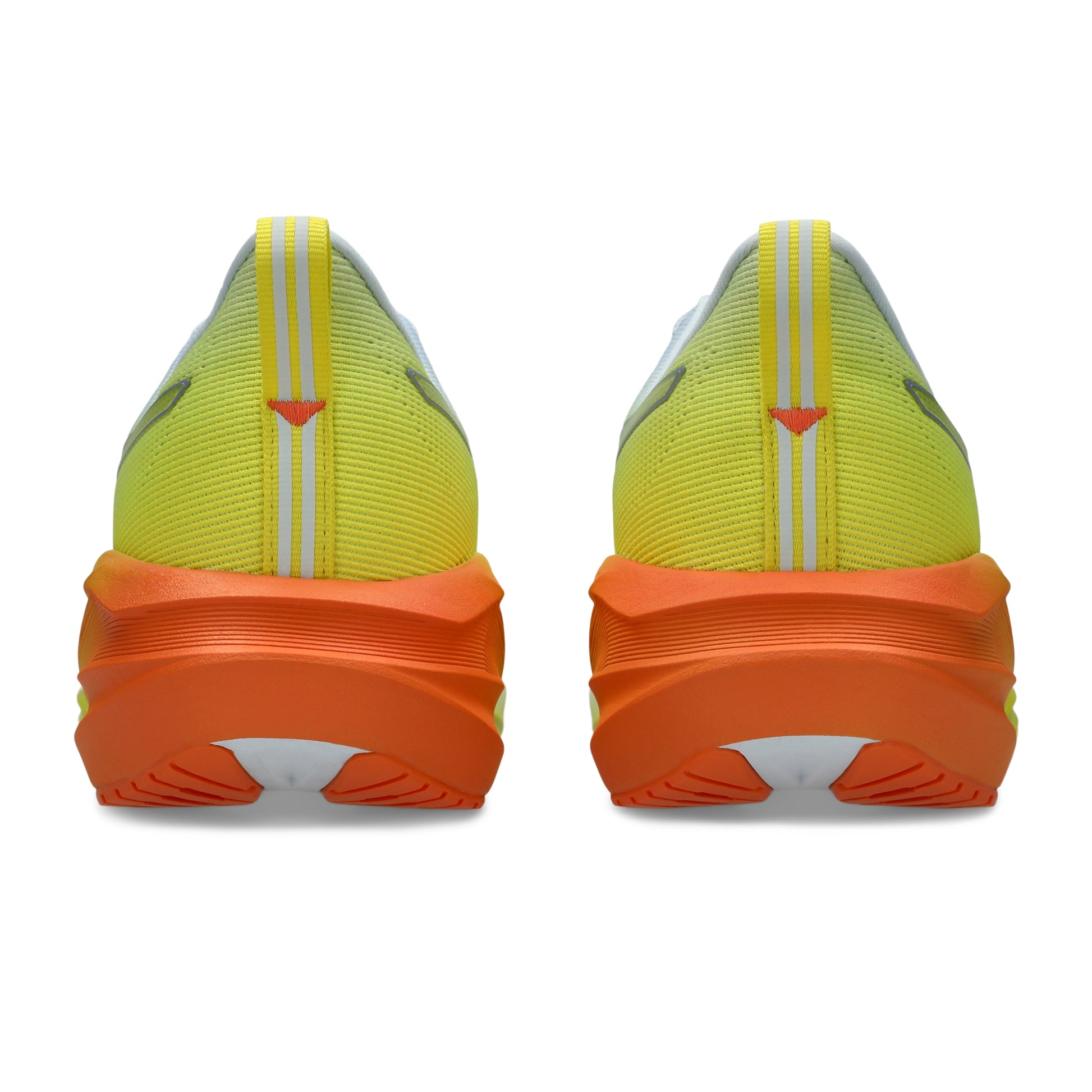 Back view of a yellow and white Asics running shoes with orange accents on a white background