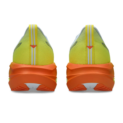Back view of a yellow and white Asics running shoes with orange accents on a white background