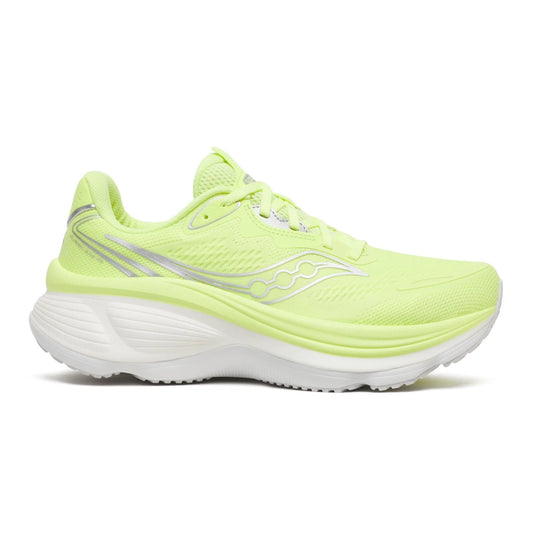 A single Saucony running shoe in a vibrant neon yellow-green colorway, featuring a white midsole and a silver reflective logo on the side, set against a plain white background.