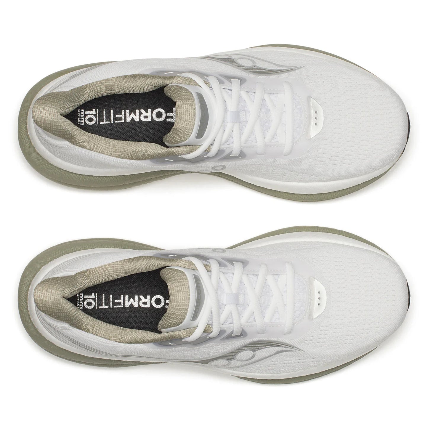 White Saucony running shoes with a visible brand logo on a white background