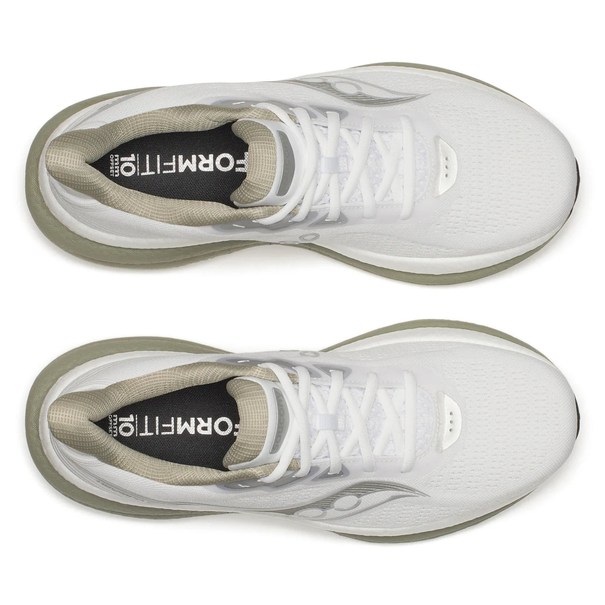 White Saucony running shoes with a visible brand logo on a white background