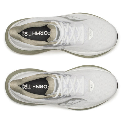 White Saucony running shoes with a visible brand logo on a white background