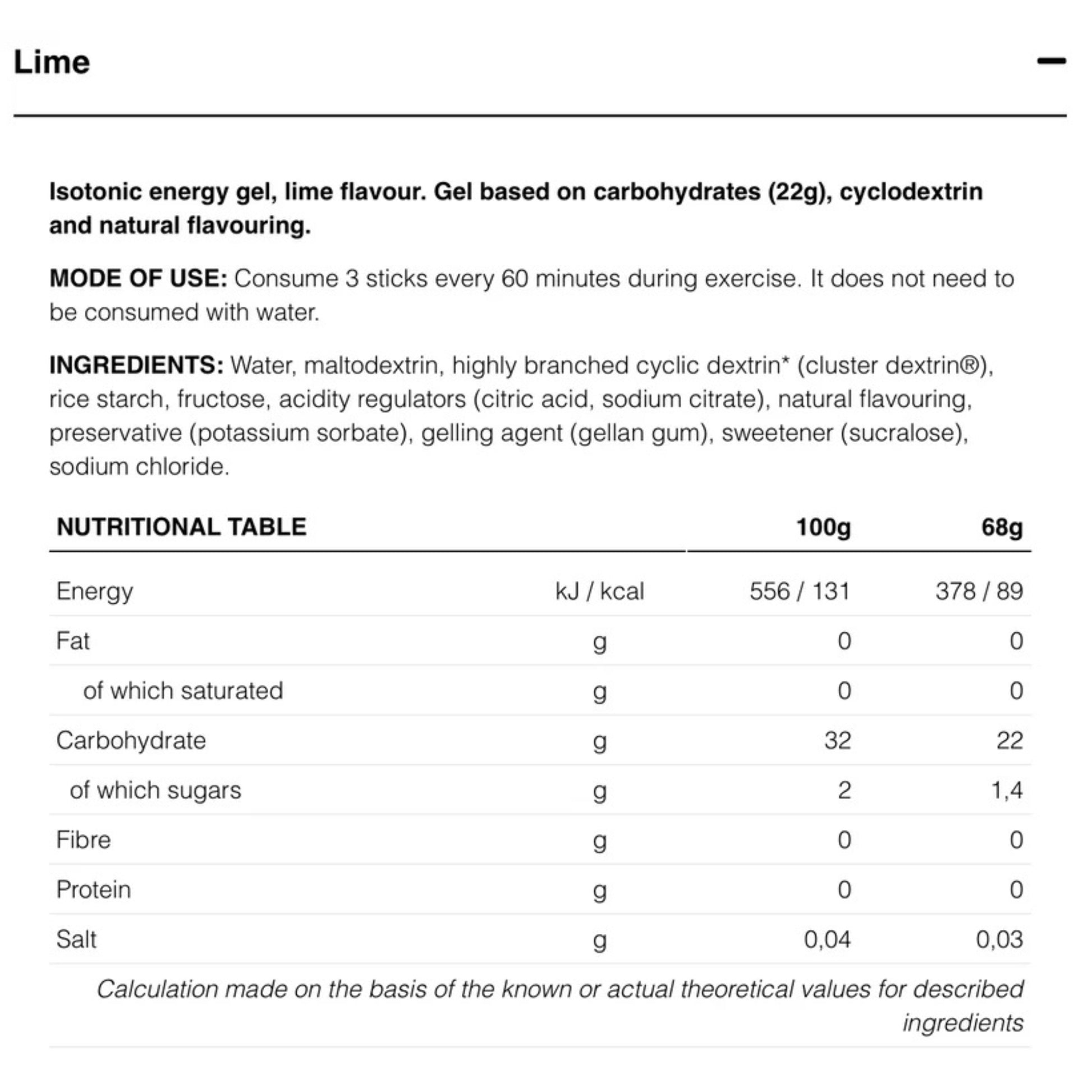 Nutritional information and ingredients of a lime isotonic energy gel.