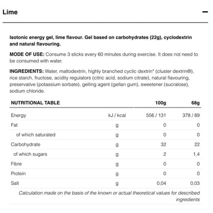 Nutritional information and ingredients of a lime isotonic energy gel.