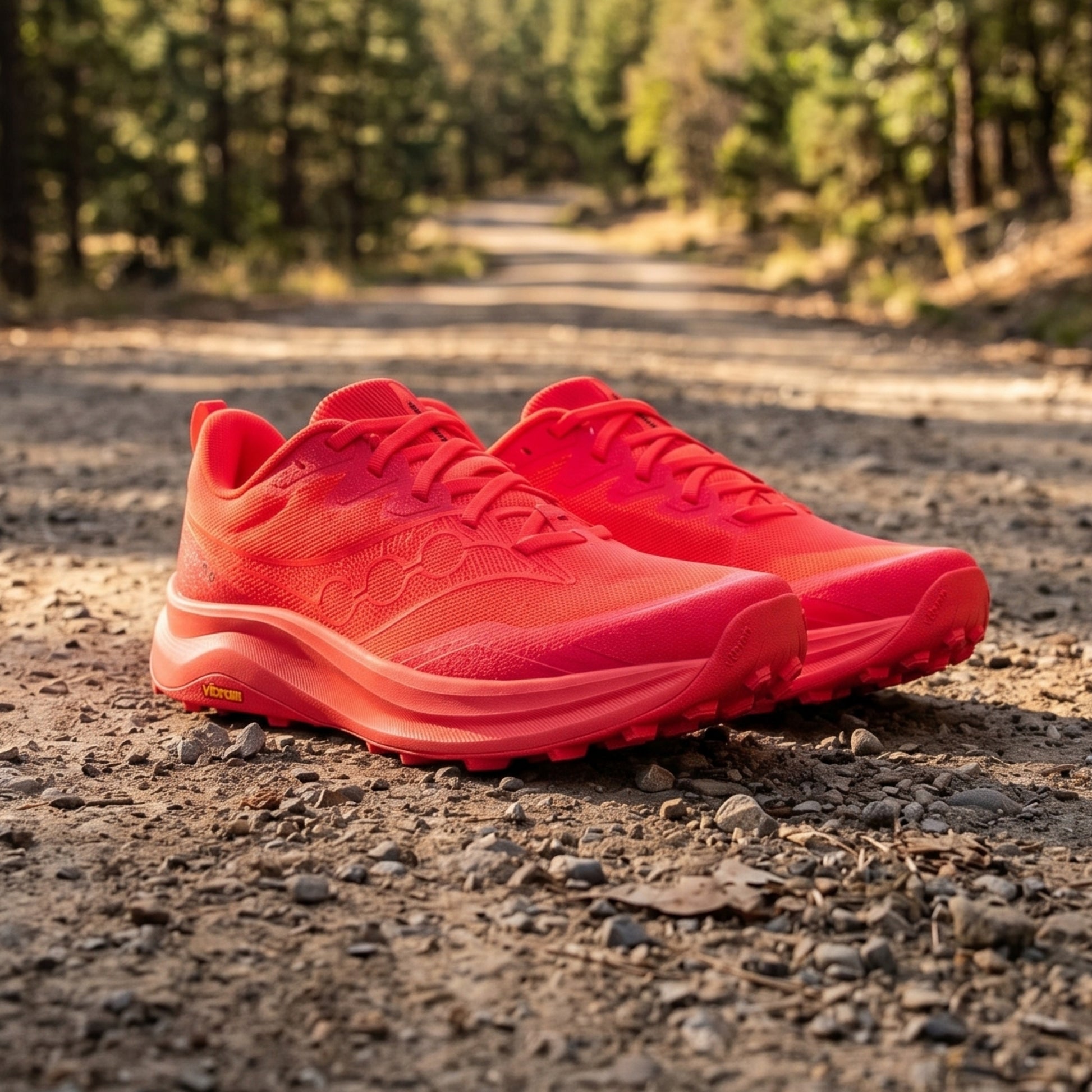 Red Saucony running shoes on a dirt path with trees in the background