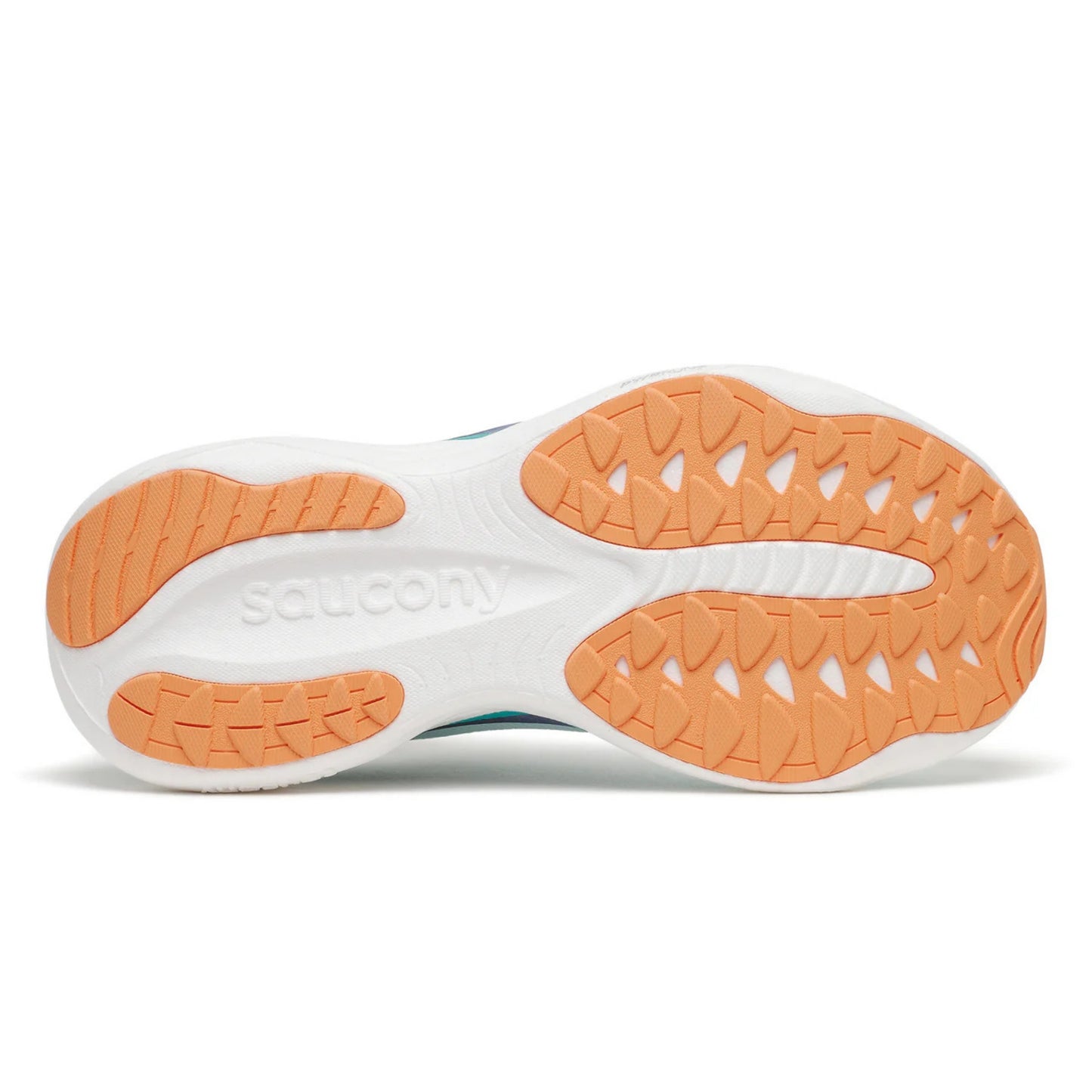 Bottom view of a Saucony running shoe sole with a thread oattern on a white background
