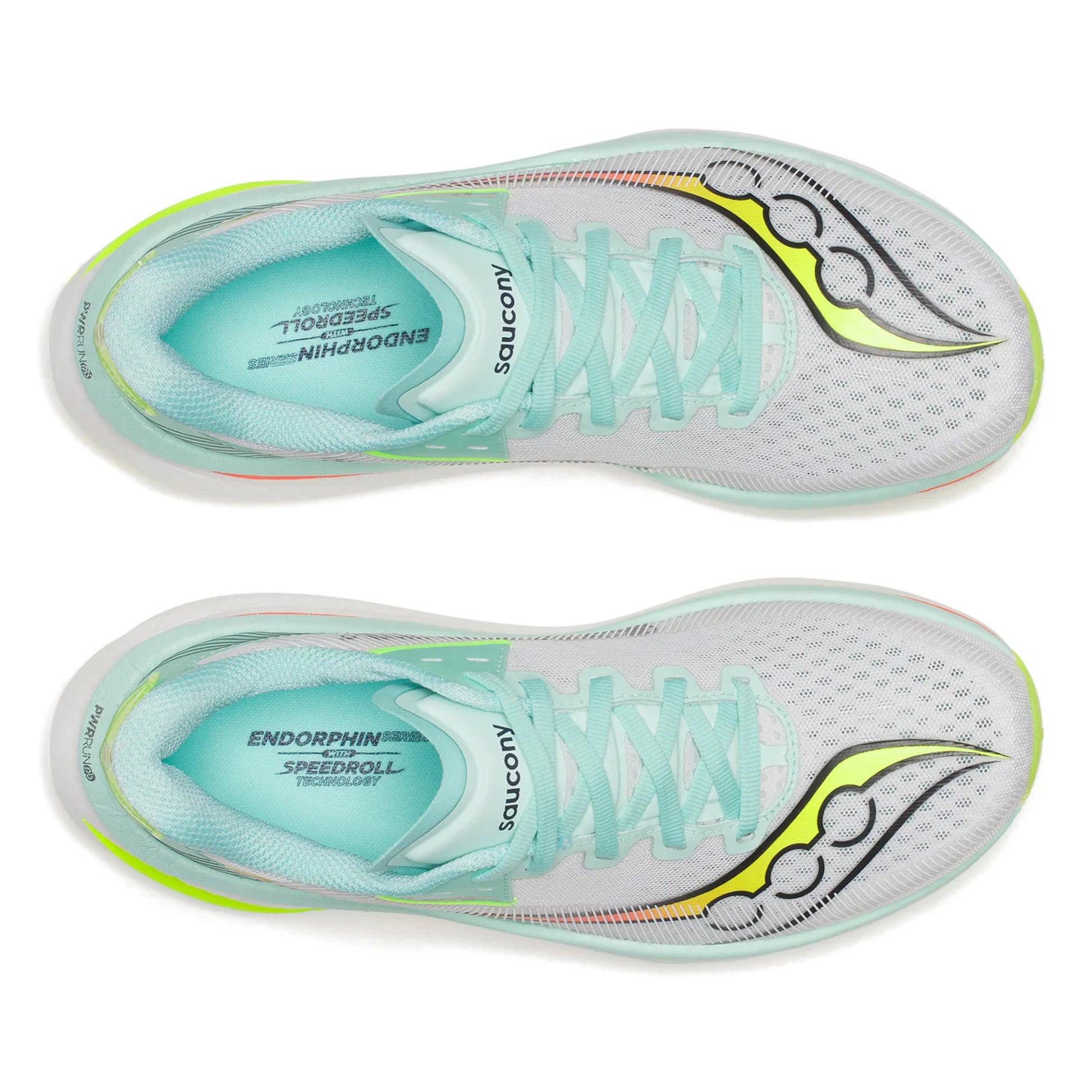 Pair of Turquise Saucony running shoes with white soles on a white background