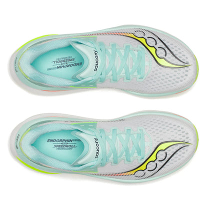 Pair of Turquise Saucony running shoes with white soles on a white background