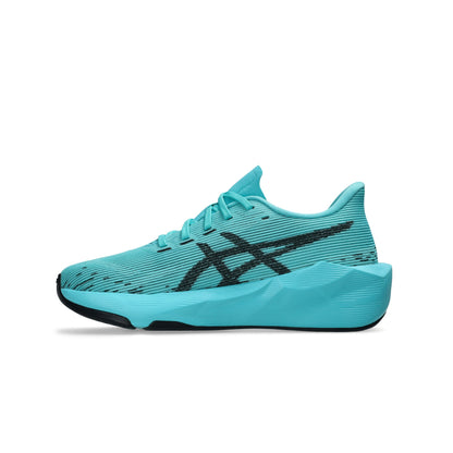A single ASICS running shoe in a vibrant turquoise colorway, featuring a black embroidered tiger stripe logo on the side and a black outsole edge, shown against a plain white background.