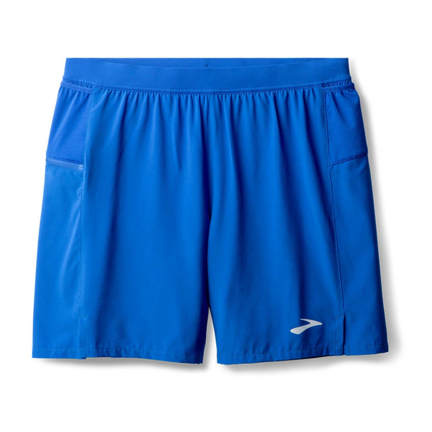 Blue running shorts with a brand logo on a white background