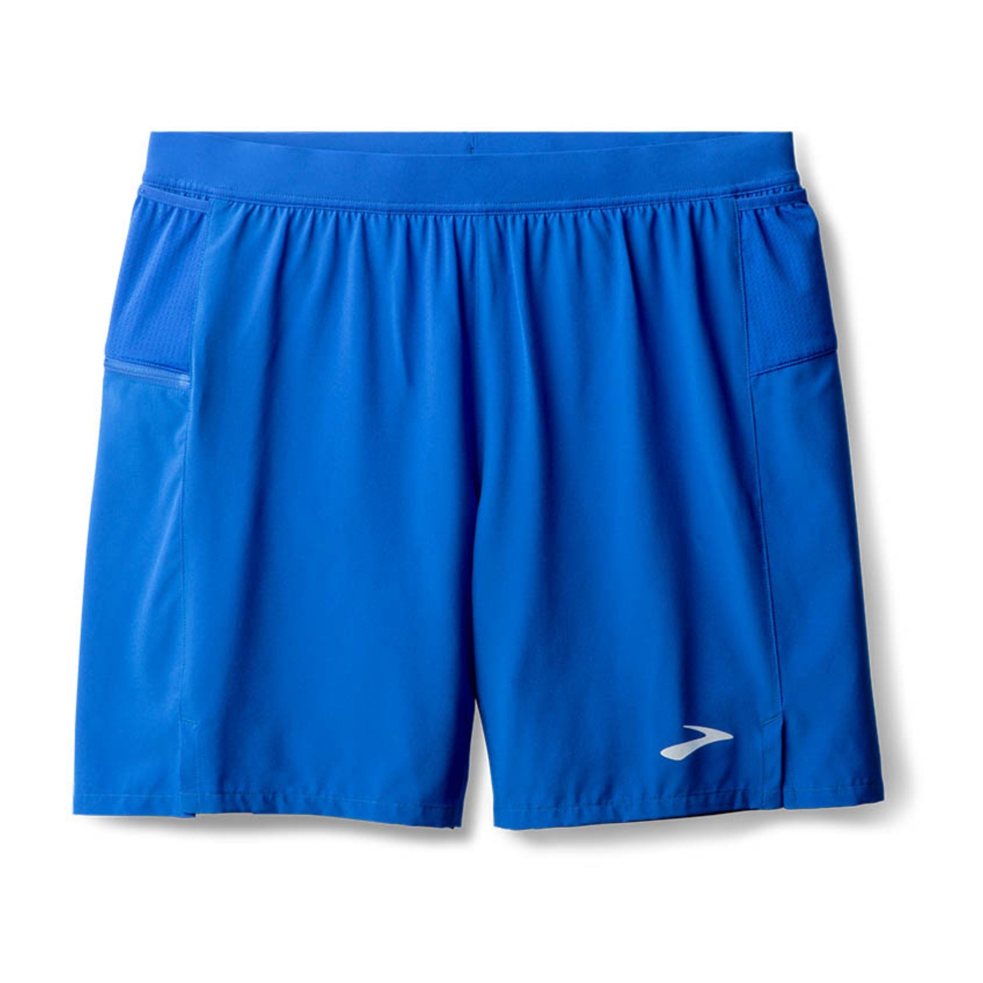 Blue running shorts with a brand logo on a white background