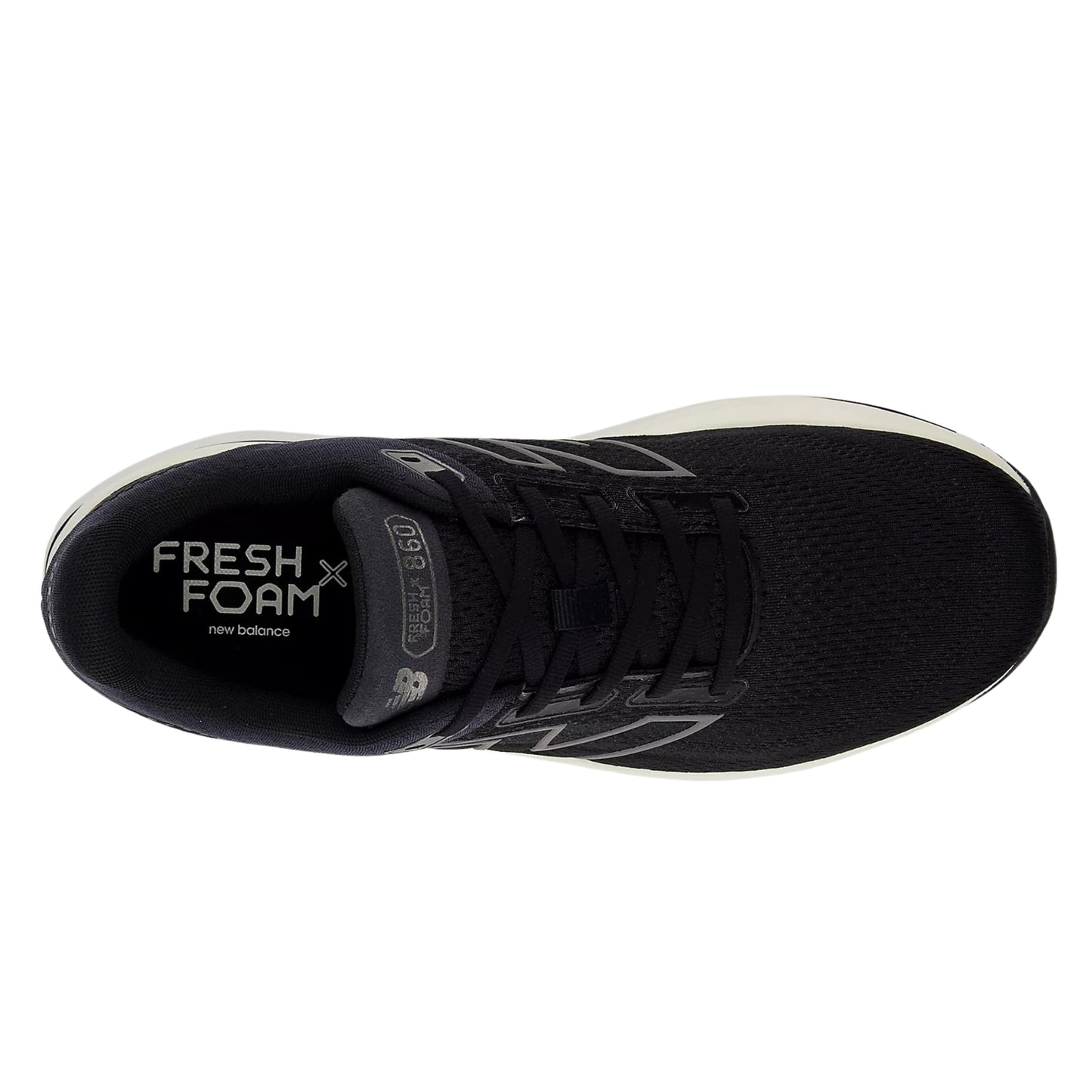 Black running shoe with 'Fresh Foam' and 'New Balance' branding on a white background