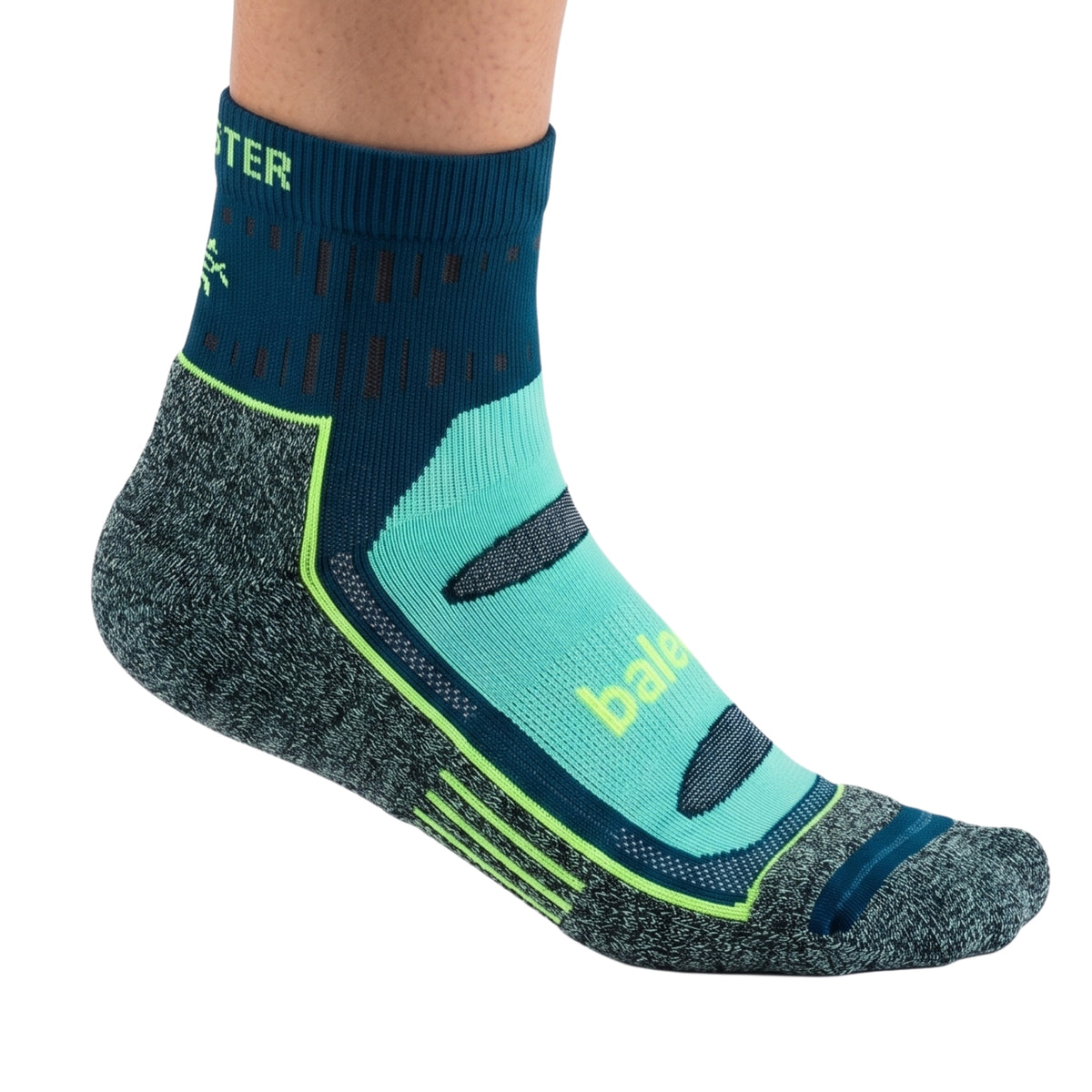 A single BALEGA athletic sock shown on a cropped foot against a plain white background. The sock features a dark teal ribbed cuff, a dark gray heathered toe and heel, and a light teal toe box with dark gray accents and lime green branding.
