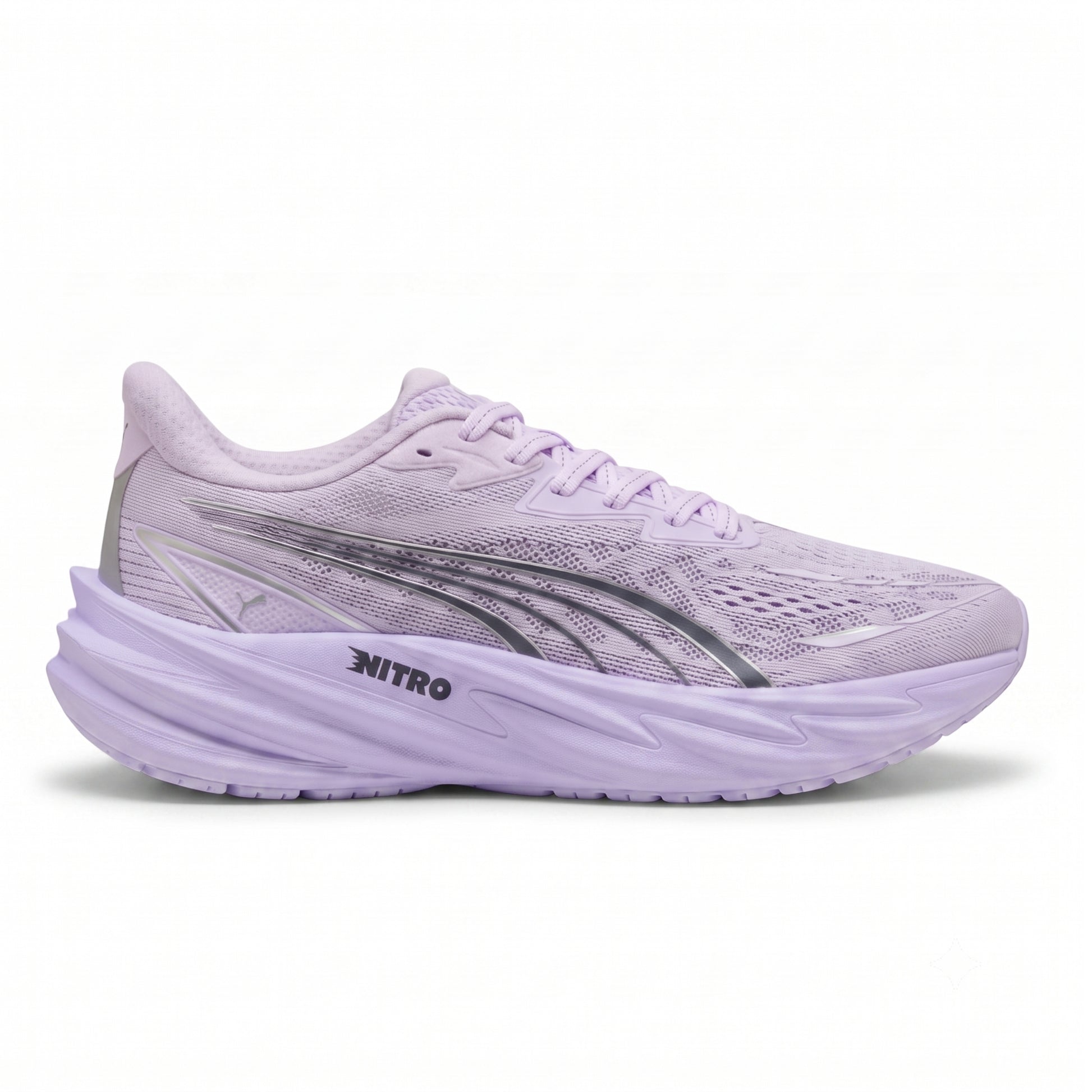 A light purple Puma running shoe with a thick white and purple midsole, featuring the brand name 'NITRO' on the side, set against a plain white background.