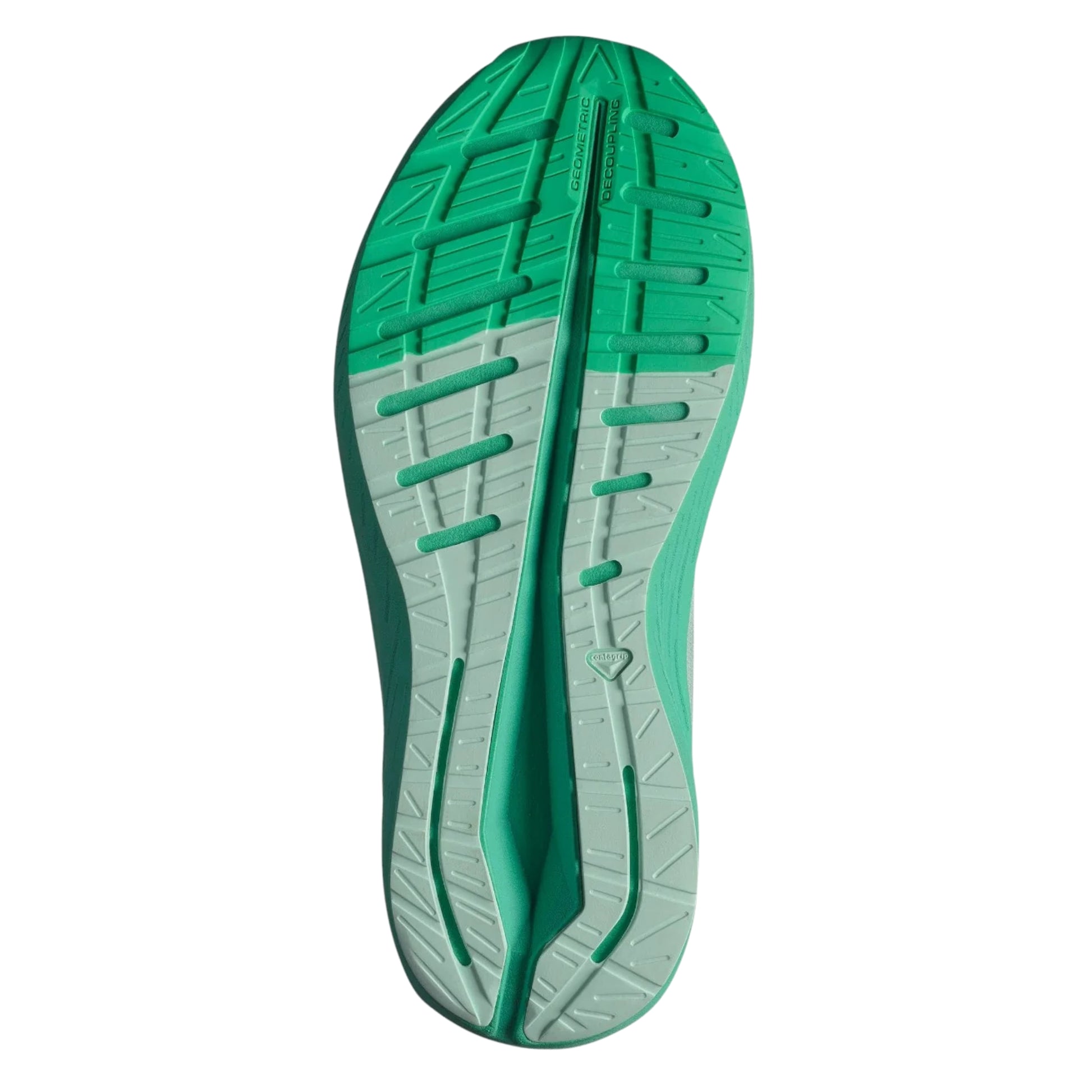 Green and gray sole of a shoe on a white background