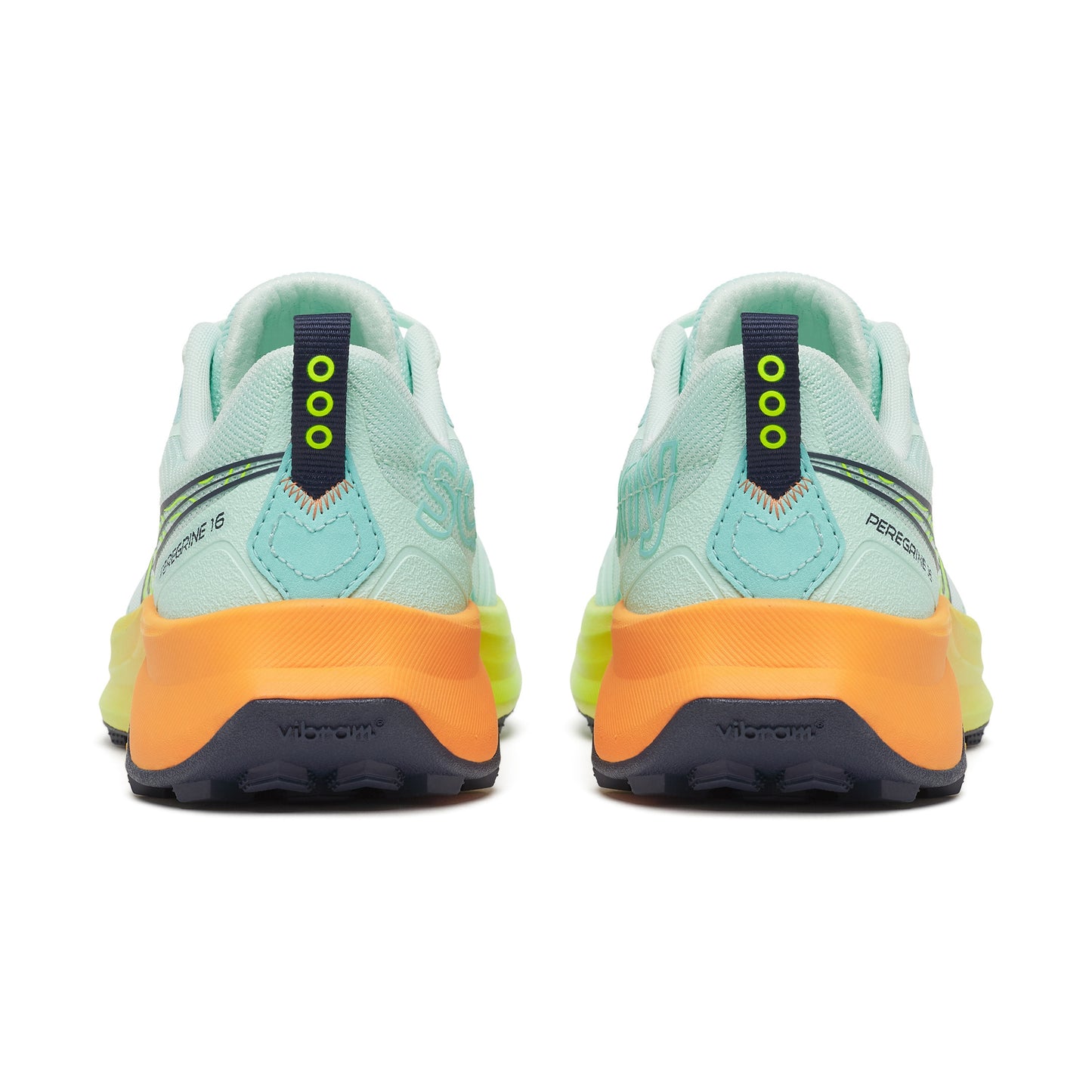 Pair of running shoes with a light blue and orange design on a white background