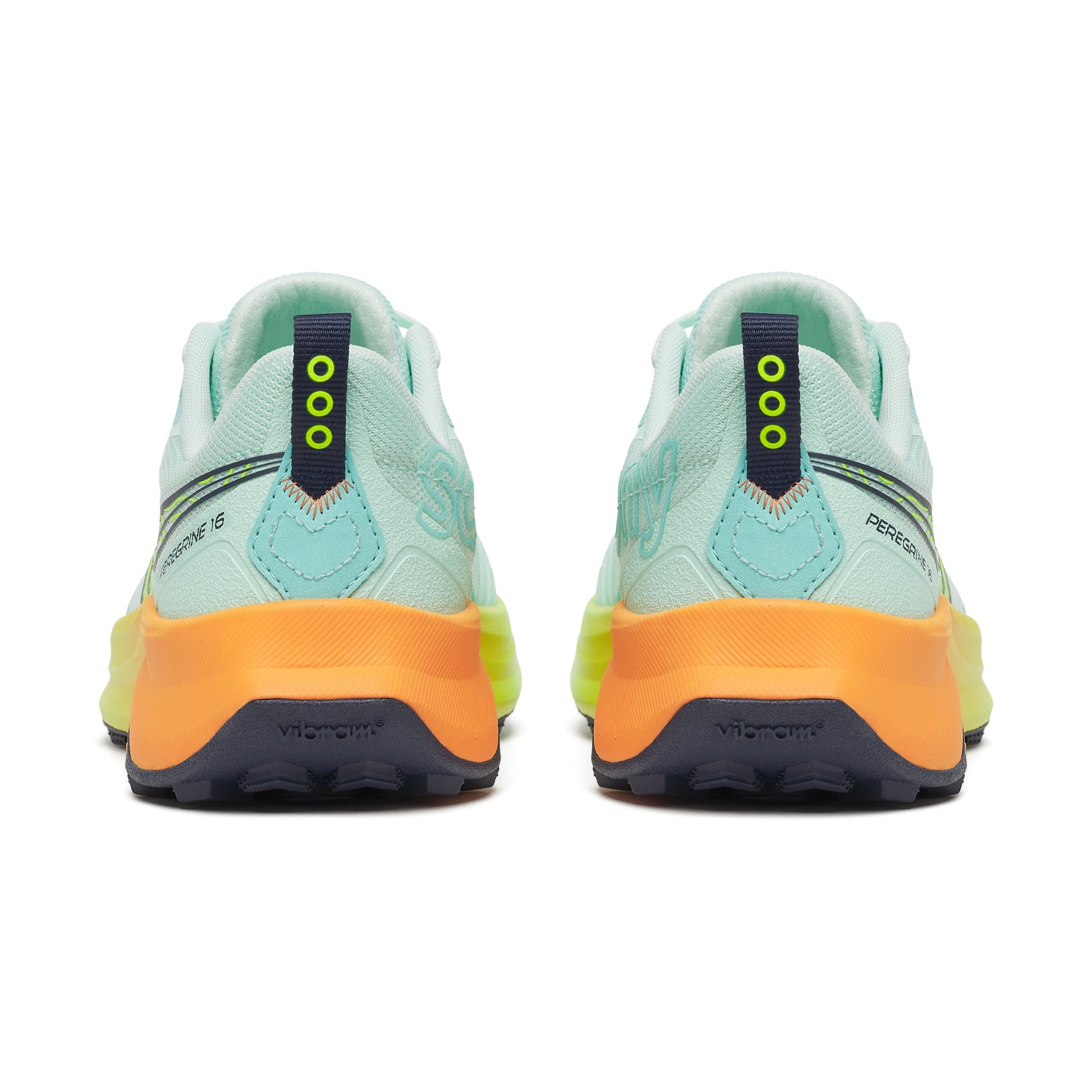 Pair of running shoes with a light blue and orange design on a white background