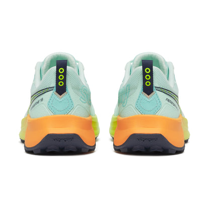 Pair of running shoes with a light blue and orange design on a white background