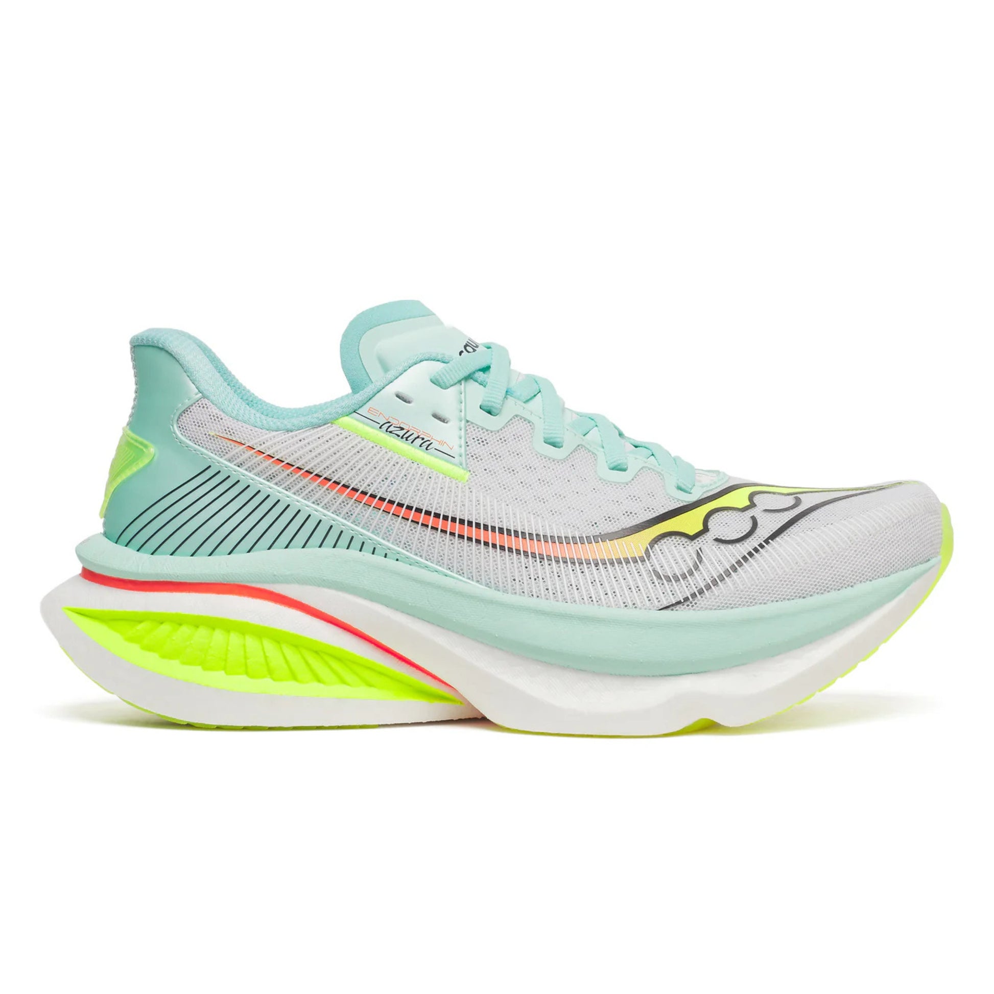 Turquise Saucony running shoe with neon green sole on a white background