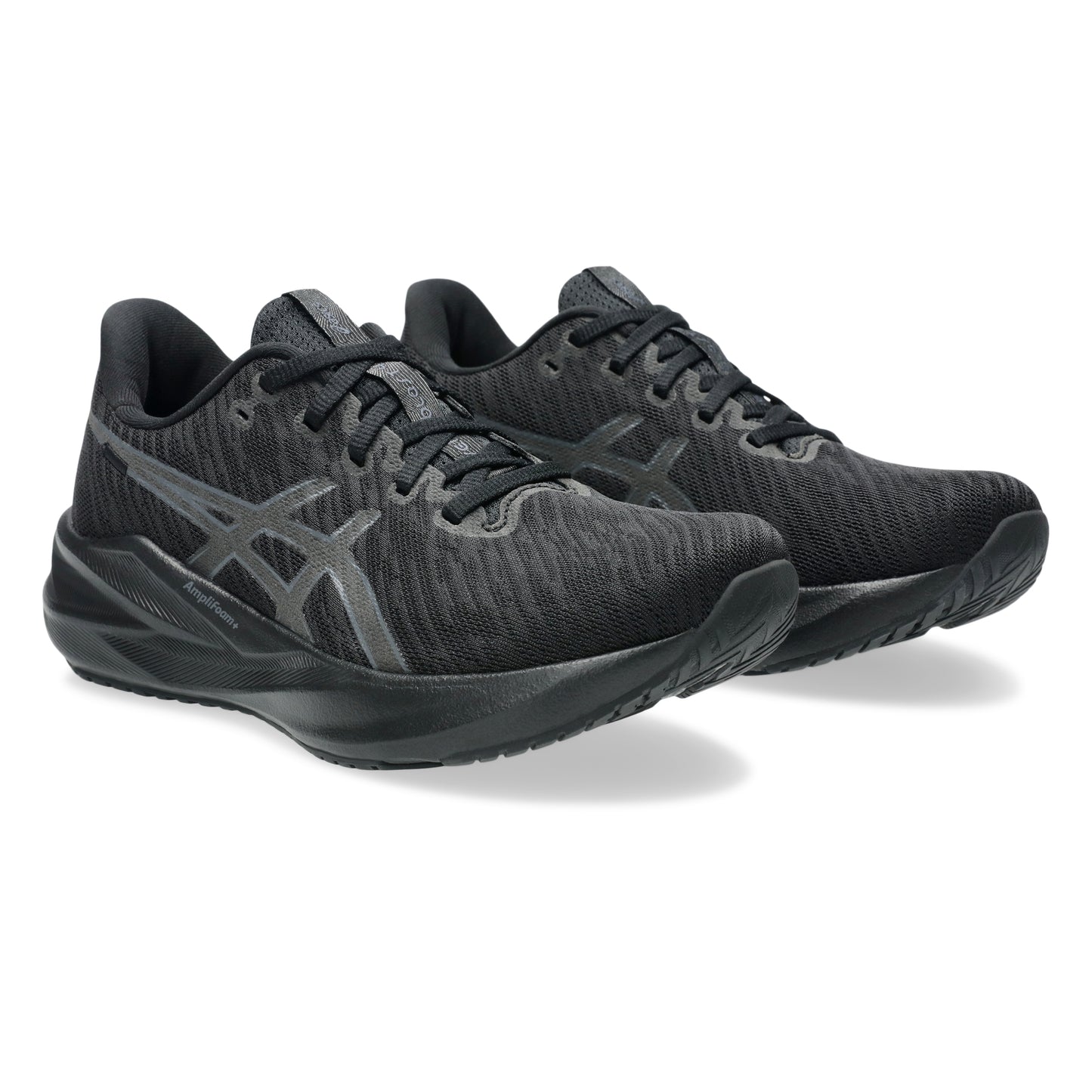 Black Asics running shoes with a prominent brand logo on a white background